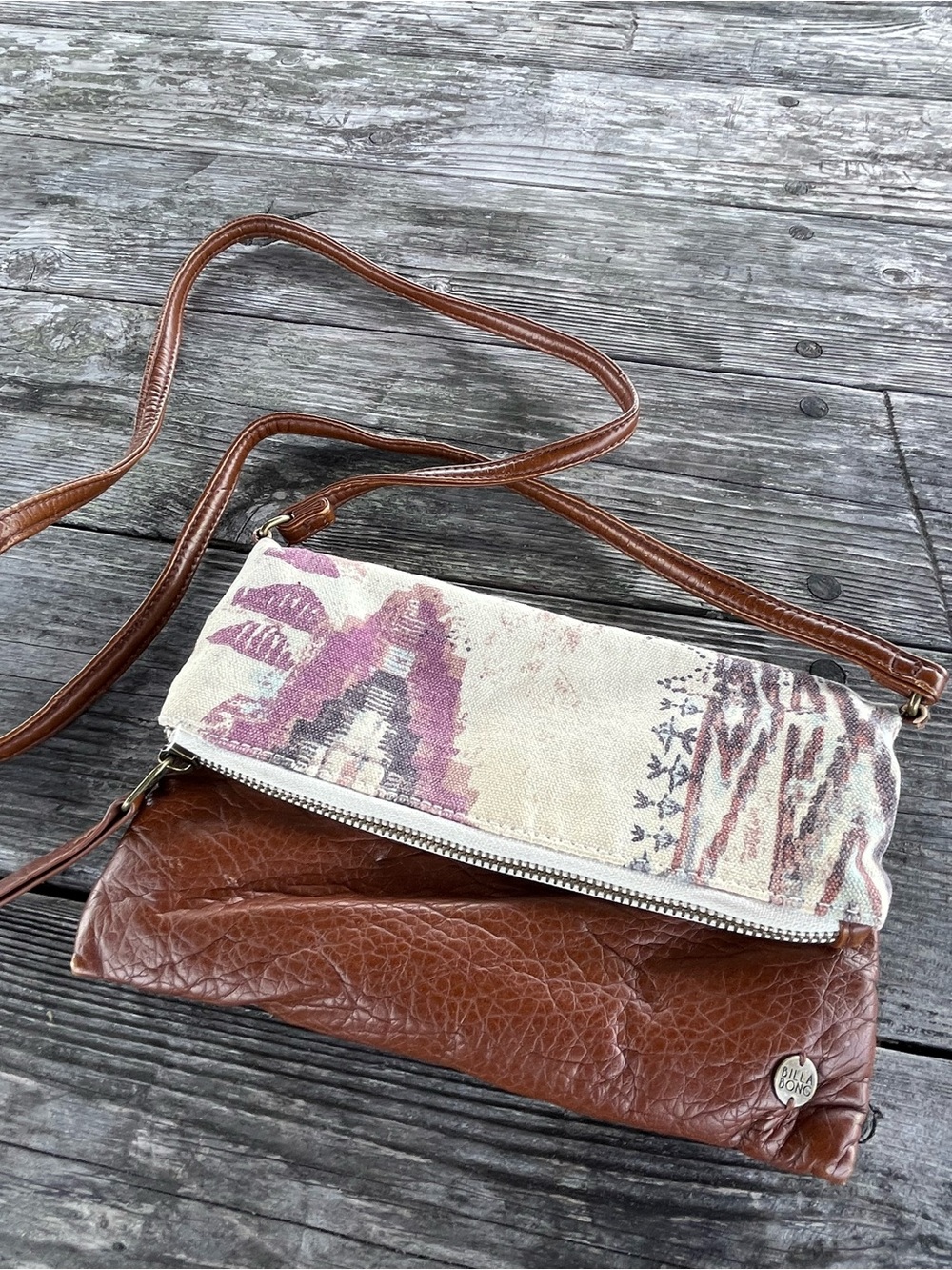 Billabong Brown Leather Crossbody with Pink Patterned Canvas Flap